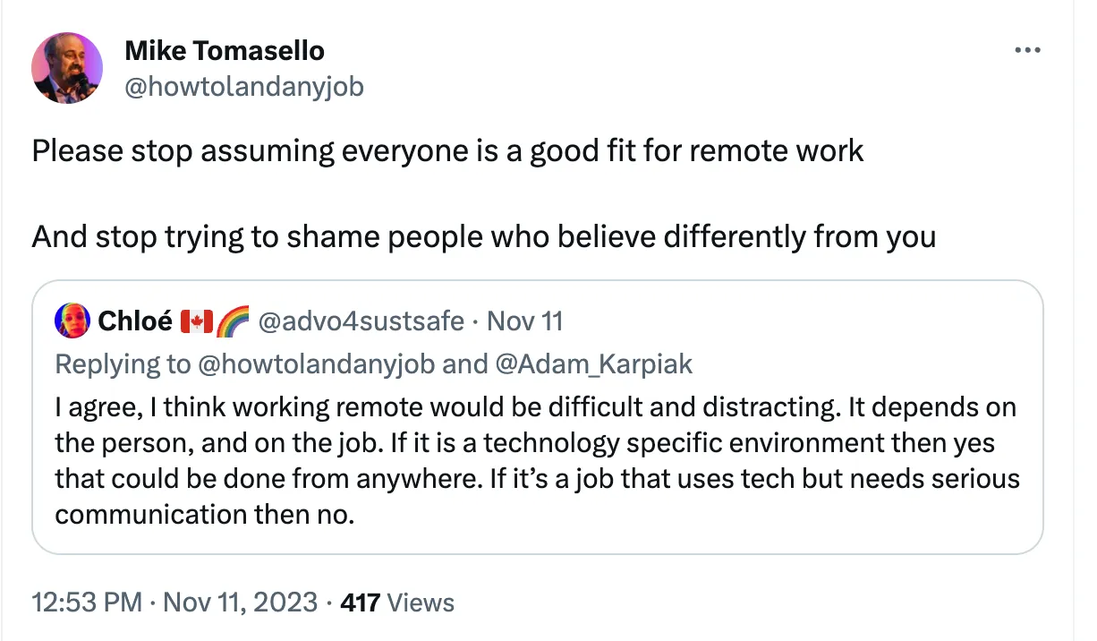 Mike Tomasello's Twitter post on remote work